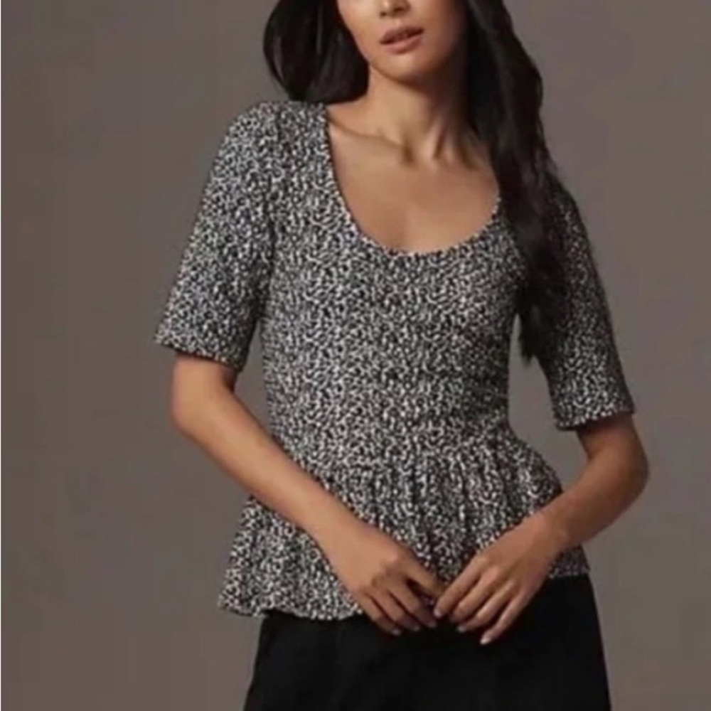Maeve Anthropologie black and white leopard peplum top size small NWT